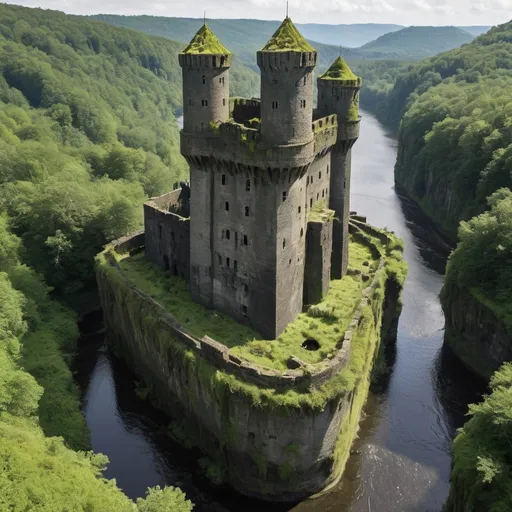 Prompt: An abandoned 40-foot-tall fortress made of black stone covered in moss. It is surrounded by a river, with reinforced watchtowers, high battlements.
