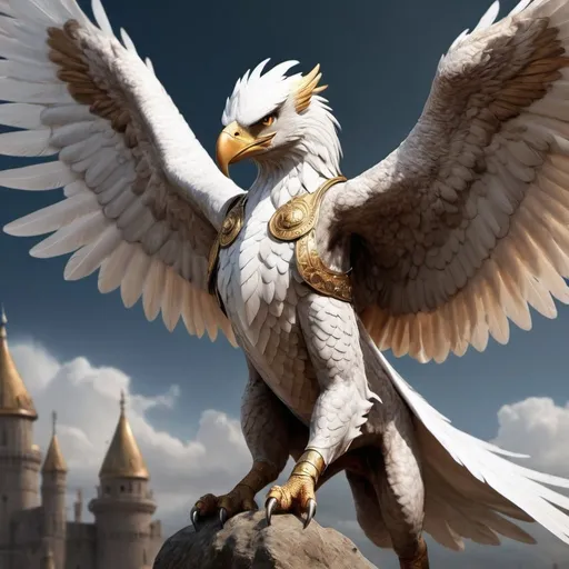Prompt: Altair is the oldest and wisest griffin of the Draconis, with an imposing and majestic presence.  Its feathers are golden like the morning sun, glowing a faint bronze in the light.  His eyes are deep and luminous, reflecting ancient wisdom.  Altair has an impressive wingspan, capable of covering almost twice the size of an average man.  His bearing is regal and his temperament is serene, conveying an aura of natural authority.