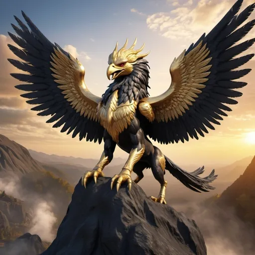 Prompt: Golden-winged griffin with coal-black feathered head, 10 meters tall, Eskil riding The Griffin of Dawn, highres, detailed, majestic, fantasy, enormous wings, sharp beak, grandeur, mythical, epic, heroic, radiant lighting, majestic fantasy illustration