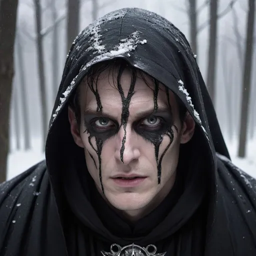 Prompt: a living dead man wearing a black spark cloak, a pale face and a hole in living flesh in his cheek. He has grey eyes and he is in a dark forest under a storm of snow