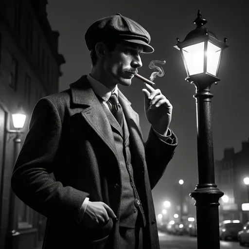 Prompt: Character leaning on defective lamppost, smoking a cigar, wearing deerstalker hat, leather boots, checking pocket watch, urban noir, detailed facial features, high quality, classic noir, moody lighting, shady atmosphere