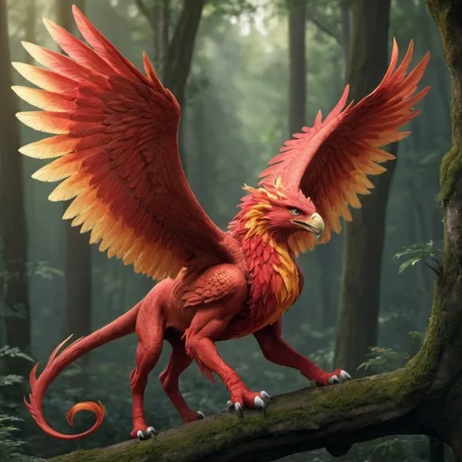 Prompt: Saphira is Elena's griffin, it has four legs with known for her exceptional agility and intelligence.  Her plumage is flaming red, glowing like burning embers in the sunlight.  Her eyes are a deep green, which seem to capture and reflect subtle nuances of emotion.  Saphira has a slender and graceful structure, adapted for quick and precise maneuvers during flight.  She is decorated with ribbons intertwined on her wings and tail, reflecting Elena's refined aesthetic taste and her close connection with nature.