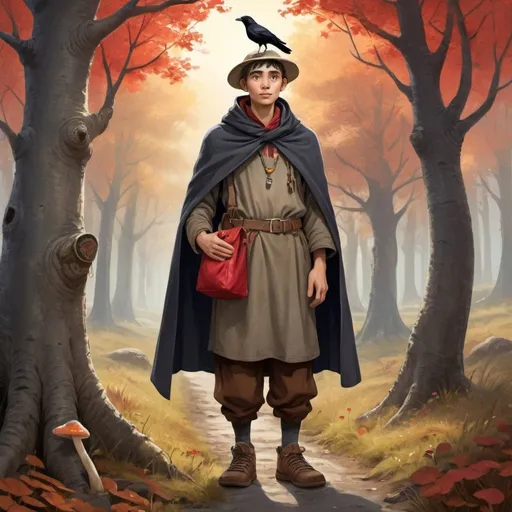 Prompt: 
A tall man, wearing oriental clothes, with a funny hat, accompanied by a dwarf and a large bag of books is looking for a place to stay. He meets Imagine a boy of about 10 to 12 years old, with sun-tanned skin, slightly disheveled brown or blond hair, wearing a tunic and coarsely woven pants, with a simple cloak for colder days. His shoes are worn leather, and he can carry a small belt with a utility knife. His eyes are attentive and curious, reflecting a life of hard work, but also of games and discoveries in the field. He is collecting mushrooms at the foot of a tree, on the branch of the tree, crows with red eyes are watching him