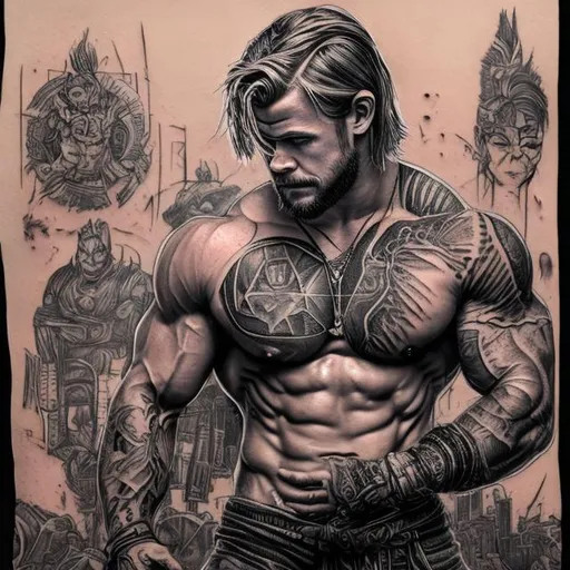 Prompt: A tattooed Chris hemsworth in the gym posing for a picture, in the style of thiago valdi, jim lee, piles/ stacks, warmcore, elaborate detailing, gerard Sekoto, qing dynasty