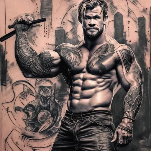 Prompt: A tattooed Chris hemsworth in the gym posing for a picture, in the style of thiago valdi, jim lee, piles/ stacks, warmcore, elaborate detailing, gerard Sekoto, qing dynasty