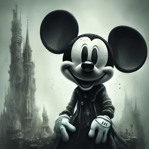 Prompt: Mickey Mouse is the best thing ever, & lt; 3, in the style of marco mazzoni, anton semenov, victor enrich, fantastical ruins, white and gray, poodlepunk, dynamic pose ::3