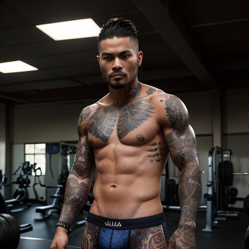 Prompt: A tattooed male in the gym posing for a picture, in the style of thiago valdi, jim lee, piles/ stacks, warmcore, elaborate detailing, gerard Sekoto, qing dynasty