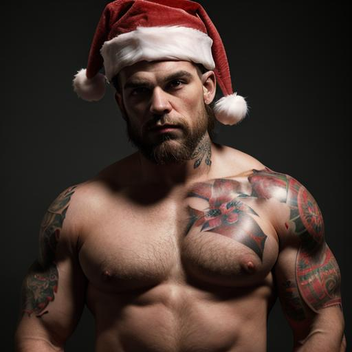 Prompt: Heavily muscular 25 year old tattooed santa, cool, moody, portrait