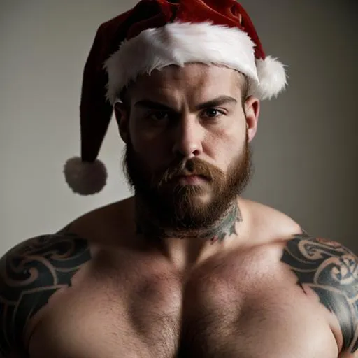 Prompt: Heavily muscular 25 year old tattooed santa, cool, moody, portrait