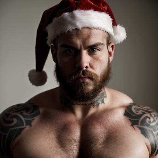 Prompt: Heavily muscular 25 year old tattooed santa, cool, moody, portrait