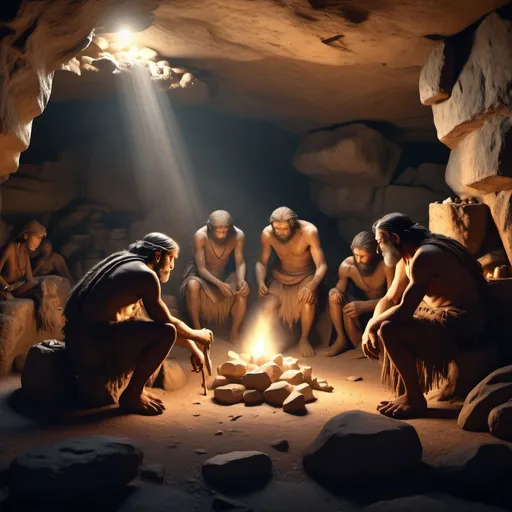 Prompt: (primitive humanity civilization), ancient cave setting, warm glow from fire, crafting stone tools, intricate details of tools, rugged stone walls, flickering shadows cast by firelight, earthy tones, dramatic ambiance, reflecting survival and ingenuity, ultra-detailed, 4K, excellent lighting, historical atmosphere, portraying human struggle and evolution.