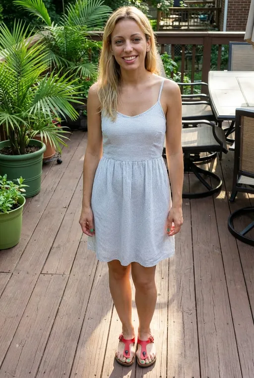 Prompt: A young woman standing. she shows her bunions in red Gizeh sandals