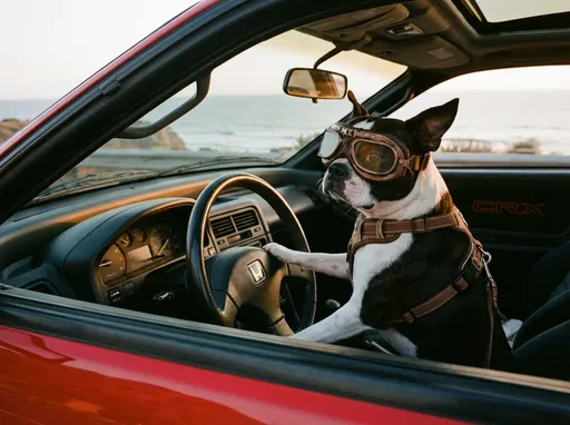 Prompt: A Boston Terrier dog driving a Honda CRX