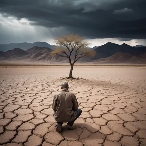 Prompt: The importance of suffering in personal development, a person kneeling in an arid landscape with mountains in the background and a lone tree, the sky full of heavy clouds, reflecting sadness and hope, Realistic photo, 50mm wide aperture lens to capture the details and emotional depth
