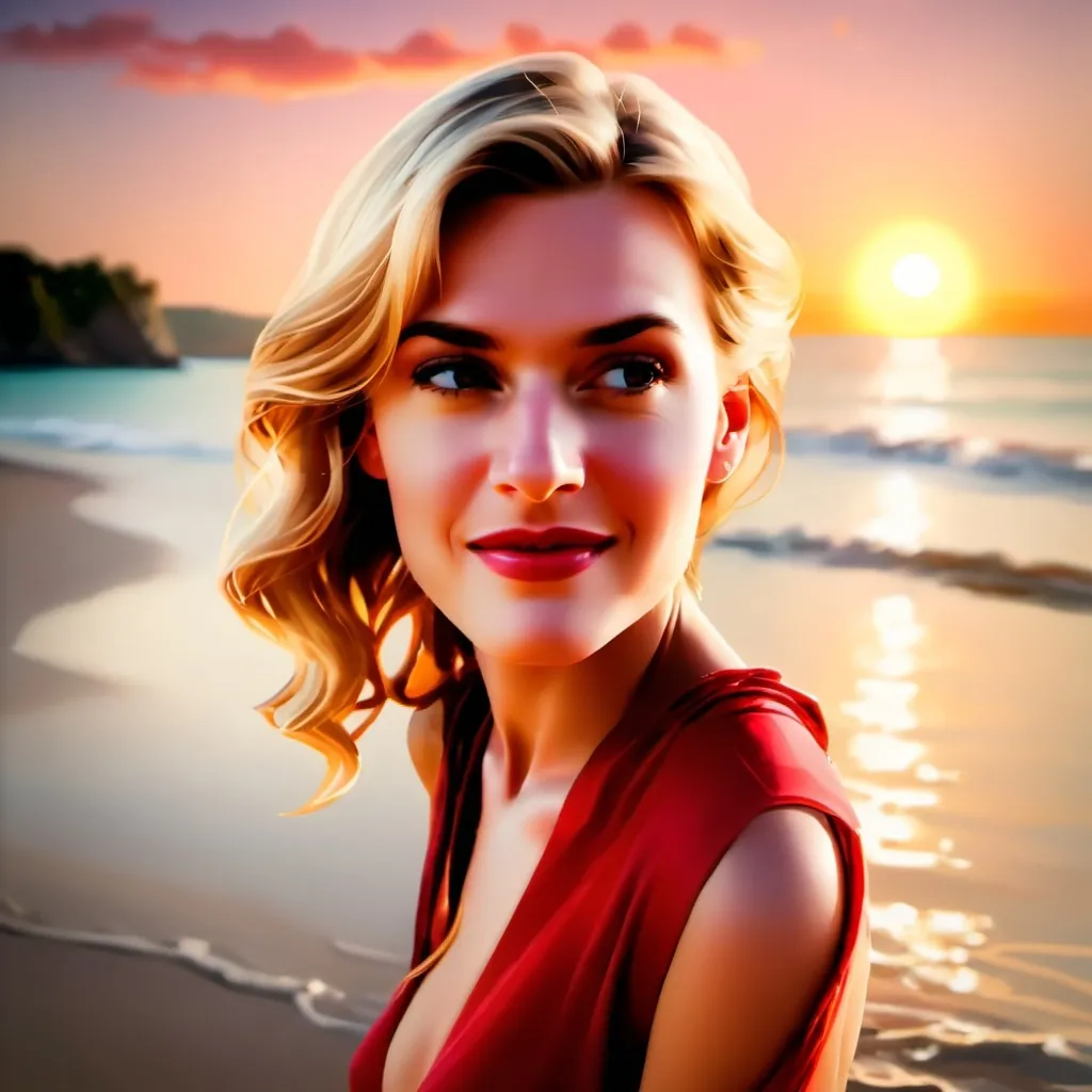 Prompt: (realistic sweet lovely romantic lady), walking by the beach, wearing a (flowing romantic red dress), stunning sunset in the background, long dark hair cascades beautifully, (gorgeous smile), serene ambiance, warm golden and pink tones of the sunset reflecting on the water, soft waves gently lapping at the shore, ultra-detailed, high quality, cinematic atmosphere evoking love and tranquility.