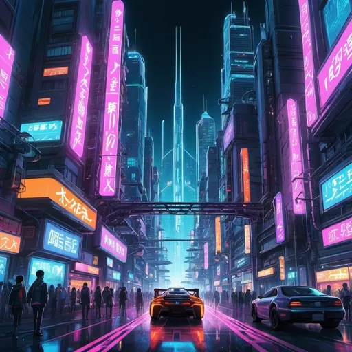 Prompt: anime illustration of a futuristic cityscape, vibrant neon lights, sleek flying vehicles, bustling streets, high-tech skyscrapers, detailed anime characters, highres, ultra-detailed, anime, futuristic, cyberpunk, vibrant neon tones, bustling streets, sleek design, professional
