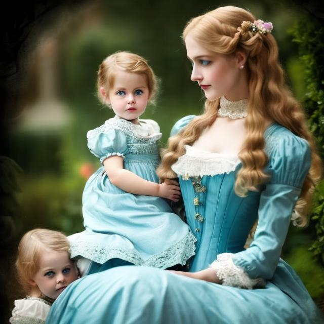 Prompt: Beautiful victorian lady. She has long wavy blonde hair. She wears a elegant light blue victorian dress. She's holding two babies in her arms