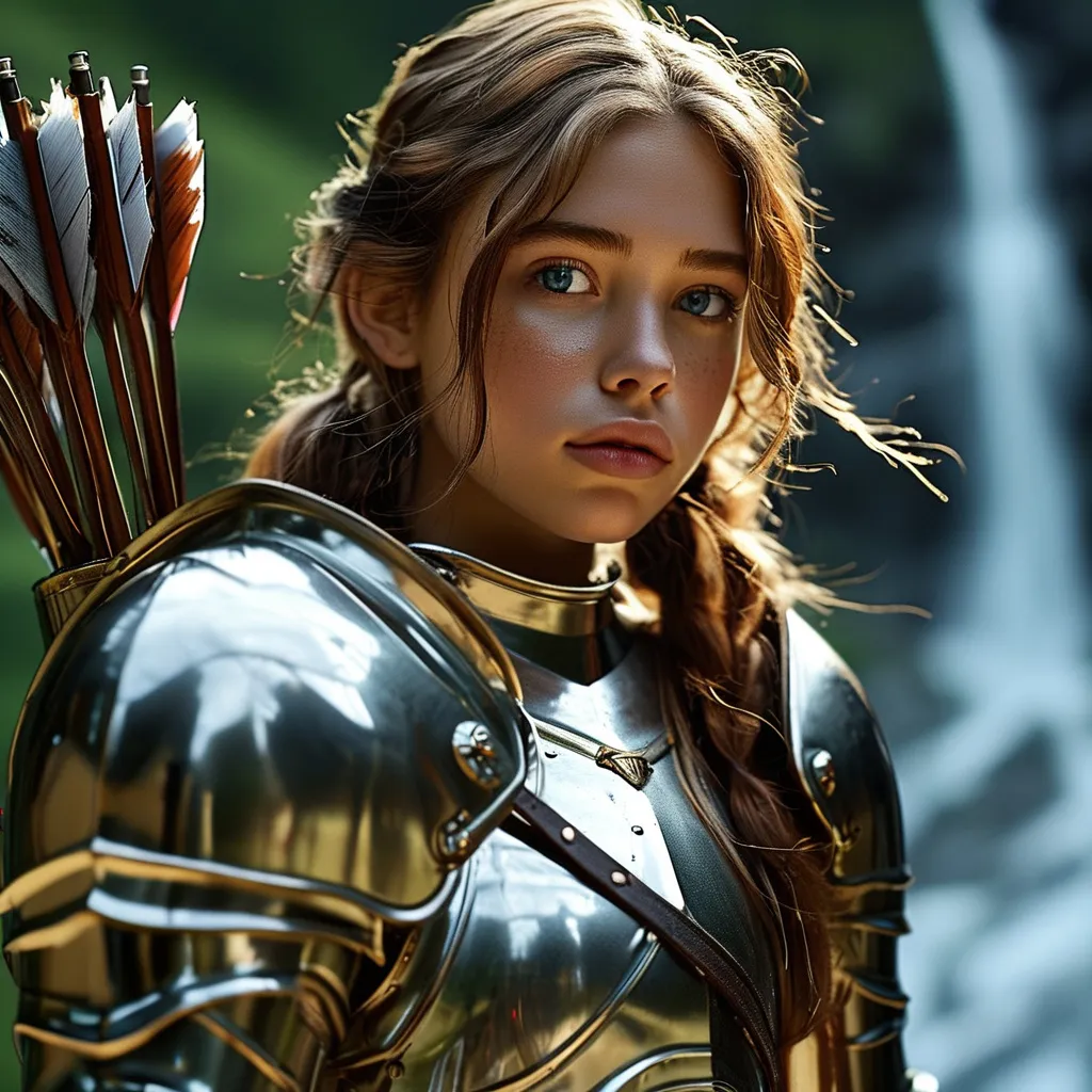 Prompt: A beautiful girl with copper brown hair and an shinning Armor light reflection on her face , with an arrow in one hand, backdrop of high dark green mountain and a waterfall undefined