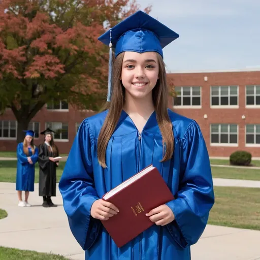 Prompt: High school graduate wearing a cap and gown stand in front of a high school