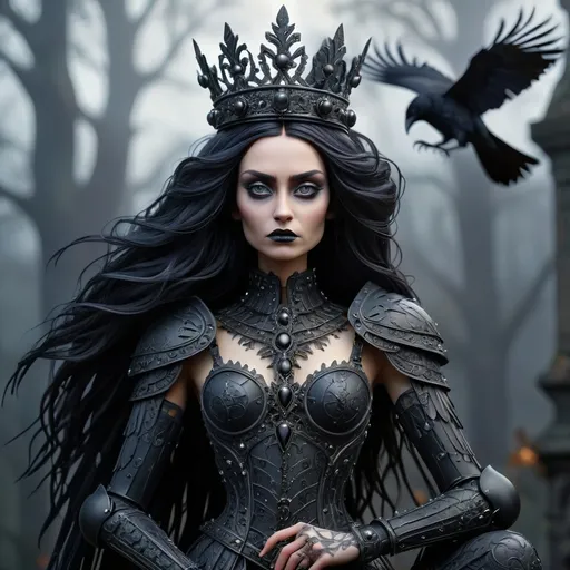 Prompt: Raven queen wearing a crown made of hand bones. Gothic filigree chest armor