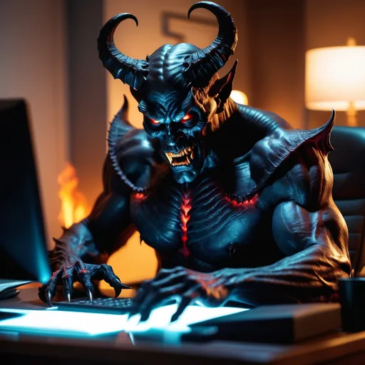 Prompt: demon with demonic features working at desk