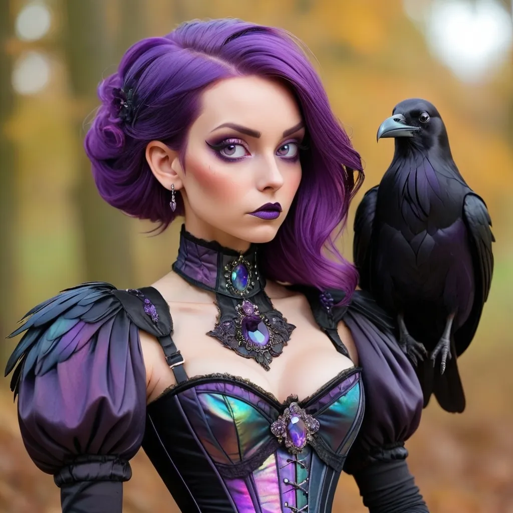 Prompt: Purple hair. Iridescent corset. Raven on shoulder. Large amethyst brooch