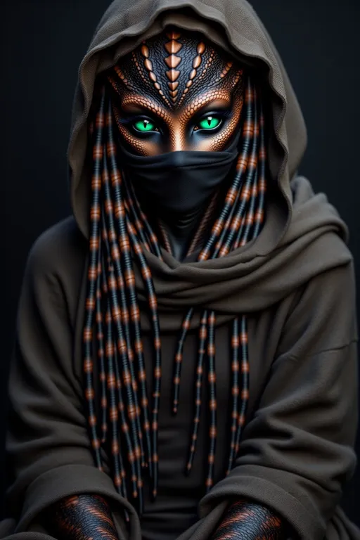 Prompt: A mysterious alien humanoid @RWMUstSrN5PyCydN61AL sits in deep darkness, her striking eyes glowing faintly, piercing through the shadows. The surrounding environment is shrouded in obscurity, with only hints of her silhouette discernible against the black backdrop. The dim light reflects off her eyes, creating an ethereal contrast that draws attention to her gaze. The atmosphere is thick with tension, as if the darkness itself is alive, wrapping around her like a cloak. The composition captures a close-up view, emphasizing the intensity of her gaze while leaving the rest of her form hidden in darkness, enhancing the sense of intrigue and mystery.
