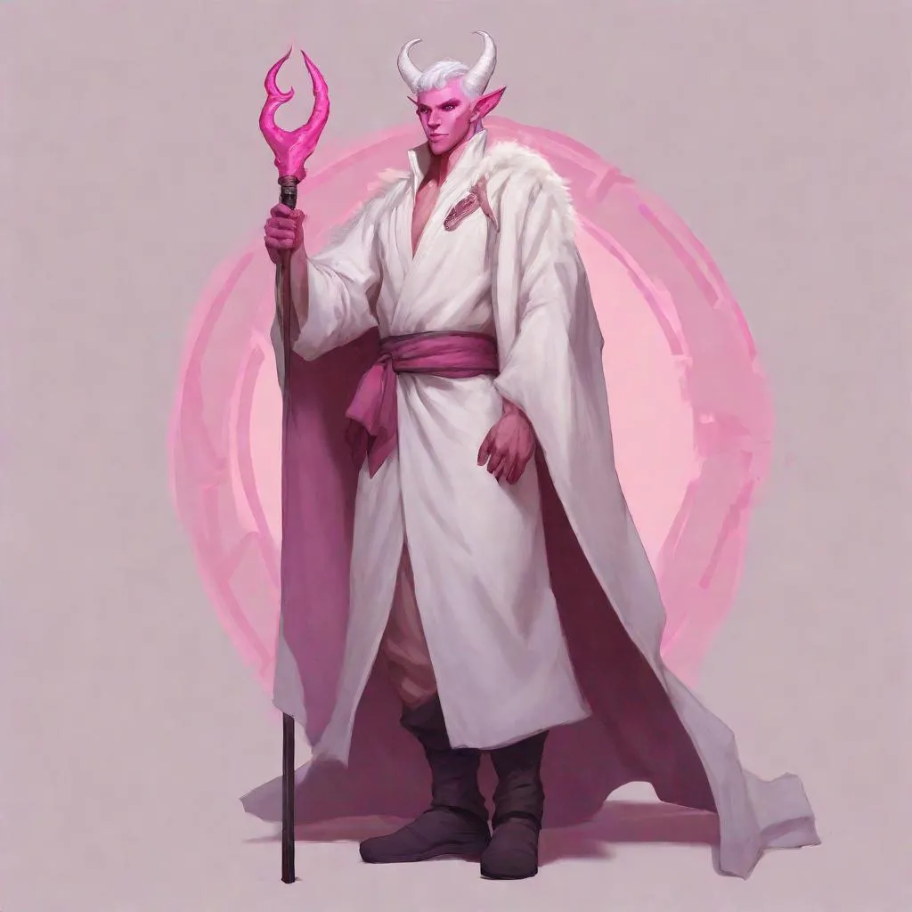 Prompt: dnd a male tiefling with pink skin and short, fluffy white hair who has short horns wearing a white robe