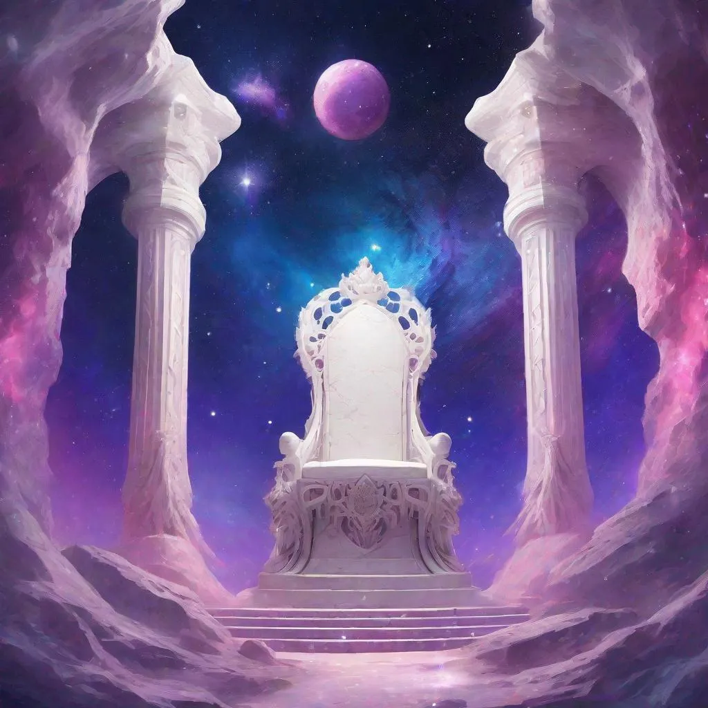 Prompt: dnd a white stone throne in a blue and purple and pink nebula surrounded  by stars