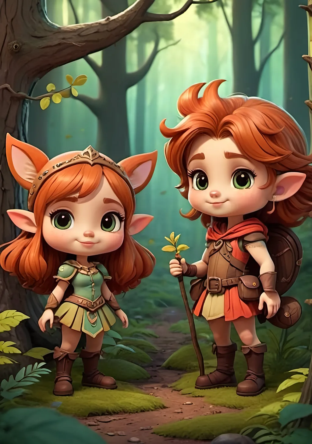 Prompt: cute cartoon fantasy characters in forest setting