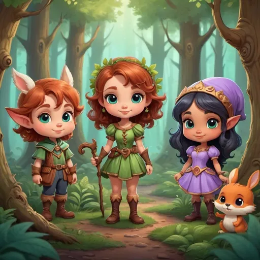 Prompt: cute cartoon fantasy characters in forest setting portrait orientation