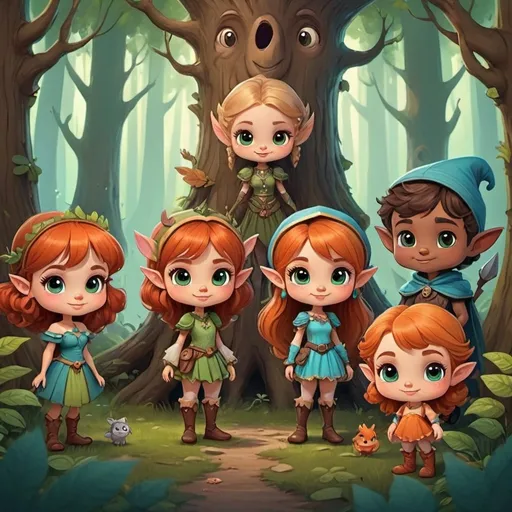 Prompt: cute cartoon fantasy characters in forest setting portrait orientation