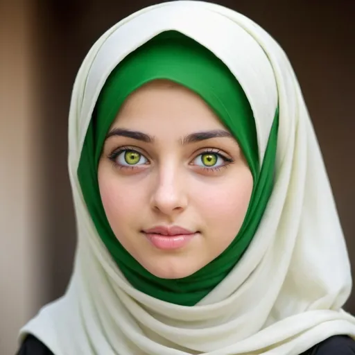 Prompt: A girl 24 old white shiny with green yellow eyes with hijab islamic 
