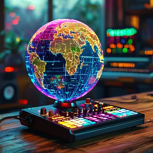 Prompt: globe as a MIDI controller, (interactable touch screen base), (vibrant glowing colors) highlighting countries and regions, (sleek and modern design), (intuitive control buttons), (dynamic lighting effects) on the globe, (highly detailed texture), a futuristic music experience, (ultra-detailed, 4K), emphasizing sound loops and samples capabilities, immersive ambiance for creativity.