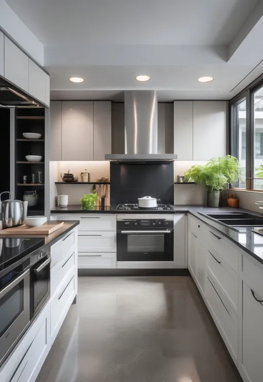 Prompt: a kitchen with a large window and a stove top oven and microwave oven in it's center island, Cui Bai, light and space, clean lines, a stock photo