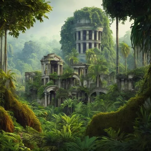 Prompt: An environment landscape consisting of a jungle with ancient ruined buildings.