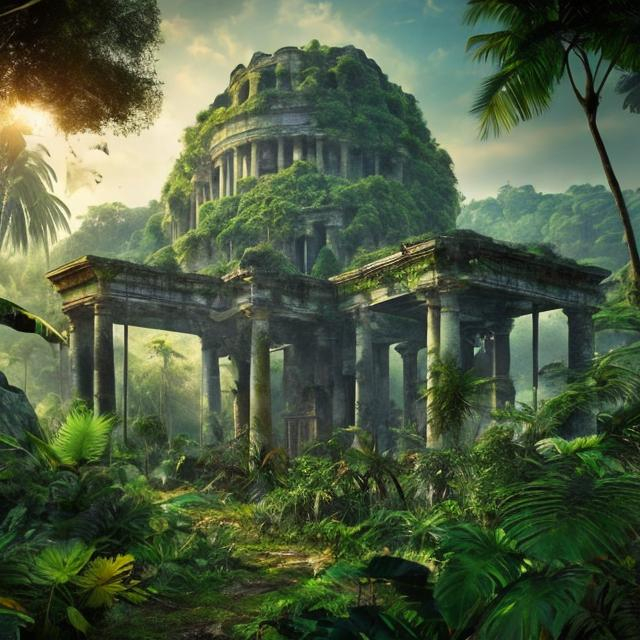 Prompt: An environment landscape consisting of a jungle with ancient ruined buildings.