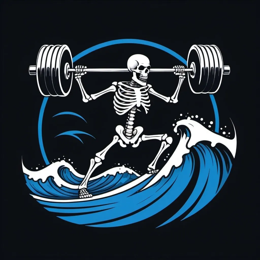 Prompt: skeleton riding a wave lifting weights lineart logo

