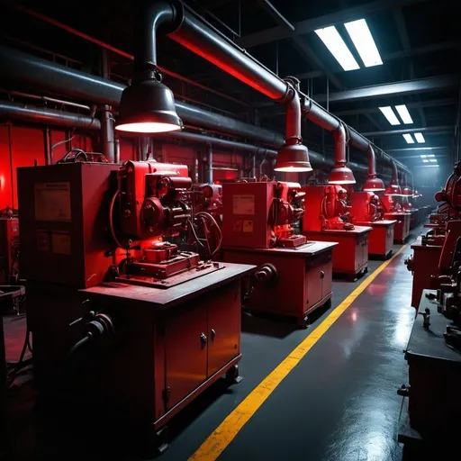 Prompt: Dark, atmospheric automotive manufacturing factory during blackout, industrial setting, machinery in shadows, eerie red emergency lighting, high contrast, intense shadows, detailed machinery, industrial, eerie, blackout, high contrast, shadows, red emergency lighting, atmospheric, automotive manufacturing, factory, machinery