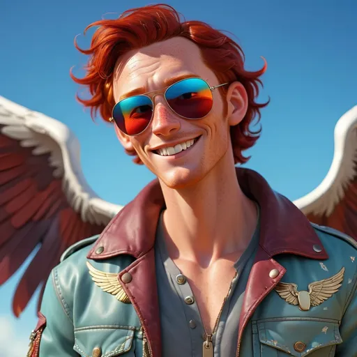 Prompt: Handsome man with dark red hair and freckles wearing a aviators jacket, cheeky smile, metal wings