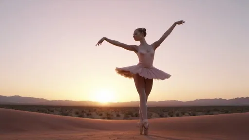 Prompt: Wide shot of sunset in the desert, close shot of one ballerine dancing, ultra realistic