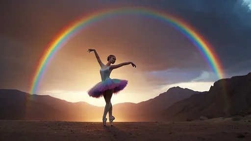 Prompt: Wide shot of dark sunset in a mountain desert with rainbow in the sky, close shot of one ballerine dancing, ultra realistic