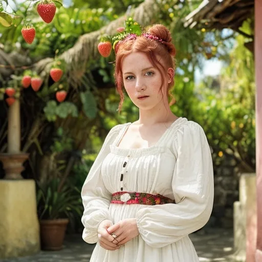 Prompt: Irish woman, (30 years old), (strawberry hair, up in a bun), wearing a (flowing white dress with long sleeves), set against a vivid backdrop of (1880s Mexico), surrounded by colorful traditional architecture and vibrant flora. The scene captures a (warm, nostalgic ambiance) with (soft sunlight illuminating her face) and (detailed textures of fabrics and surroundings). Ultra-detailed, (high-quality) composition reflects the beauty of historic culture.