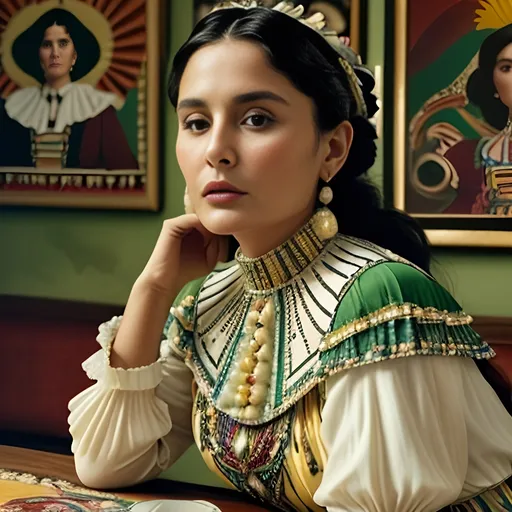 Prompt: Mexican woman, (30 years old), (black hair, up in a bun), wearing a (flowing white dress), set against a vivid backdrop of (1880s Mexico), surrounded by colorful traditional architecture and vibrant flora. The scene captures a (warm, nostalgic ambiance) with (soft sunlight illuminating her face) and (detailed textures of fabrics and surroundings). Ultra-detailed, (high-quality) composition reflects the beauty of historic culture.