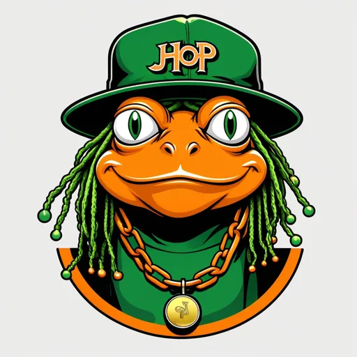 Prompt: I need a logo entitled JHOP
 with a cartoon frog with JHOP engrave on chain and rings and gold teeth with dreads and fitted hat

 hip hop theme with classic font and orange and green color scheme