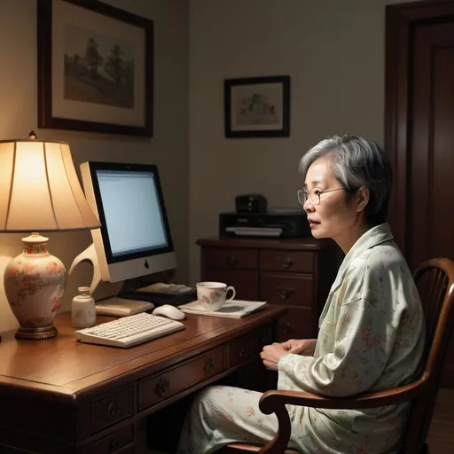Prompt: photorealistic photo camera shot taken from outside the door showing full room with small built Chinese woman age over 60 wearing short sighted glass in pajamas sitting on an arm chair at a writing desk in the bed room with the room darkened and only a table lamp squinting into a computer. Computer screen showing trading.
Woman is showing her side profile and looking at the computer screen 
