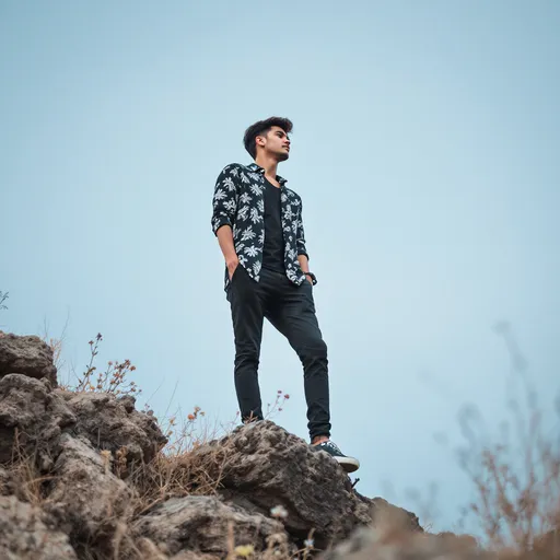 Prompt: Standing tall atop a rugged rock formation, a young man strikes a thoughtful pose against a soft, light blue sky. Dressed in a patterned black and white shirt with a casual openness, and dark pants that contrast with the earthy tones surrounding him, he exudes a relaxed confidence. His hands are casually tucked into his pockets, with a slight tilt of his head suggesting contemplation or serenity. The scene is framed by sparse, dry grass and wildflowers, adding a touch of nature to the urban-like outfit, while the muted color palette evokes a calm and introspective mood, inviting viewers to ponder the story behind the moment captured.