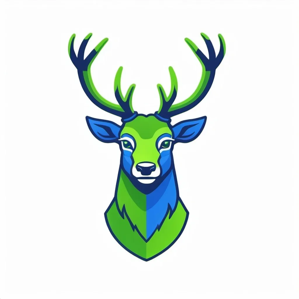 Prompt: Stylized cartoon stag mascot, blue as a primary color, green as a secondary color, vector flat logo, simple lines, cute cartoon illustration, white backdrop