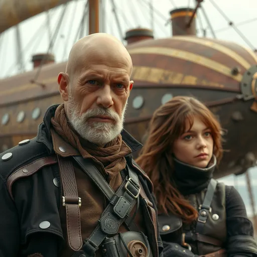 Prompt: 60 old caucasian bald man, no hair, with hat, rugged looking in a steampunk outfit who is an airship pilot, young female apprentice leaning against (beside) him, with a larger tethered air ship sitting behind him in background.
