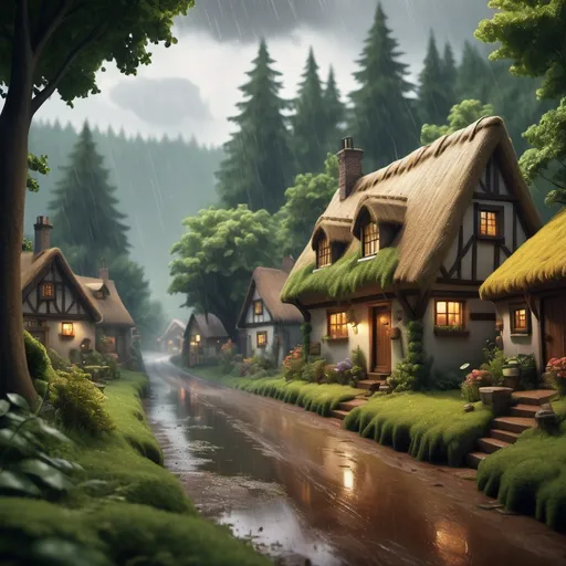 Prompt: Create a vivid, atmospheric scene depicting a rainy day in a quaint forest village.Focus on the following elements: 1.**Setting:** Illustrate a small village nestled within a dense forest, surrounded by tall, lush trees and vibrant vegetation.The village should feature charming, rustic cottages with thatched roofs, wooden beams, and smoke rising from chimneys.2.**Weather:** Show a heavy downpour with raindrops visibly falling from the sky.Include puddles on the ground, glistening with reflections of the surroundings.Use a gray, overcast sky to enhance the mood of a rainy day.3.**Details:** Add elements such as villagers in raincoats and umbrellas, children splashing in puddles, and animals seeking shelter.Incorporate details like wet cobblestone paths, colorful flowers drooping under the weight of rain, and the soft, diffused light created by the clouds.4.**Color Palette:** Utilize a rich color palette emphasizing greens, browns, and grays, with splashes of color from the village homes and nature, to evoke a sense of warmth and coziness despite the rain.5.**Mood:** Capture a serene, peaceful atmosphere, evoking feelings of comfort and tranquility amidst the rain.Ensure the composition is balanced, highlighting the interaction between the village and its natural surroundings.